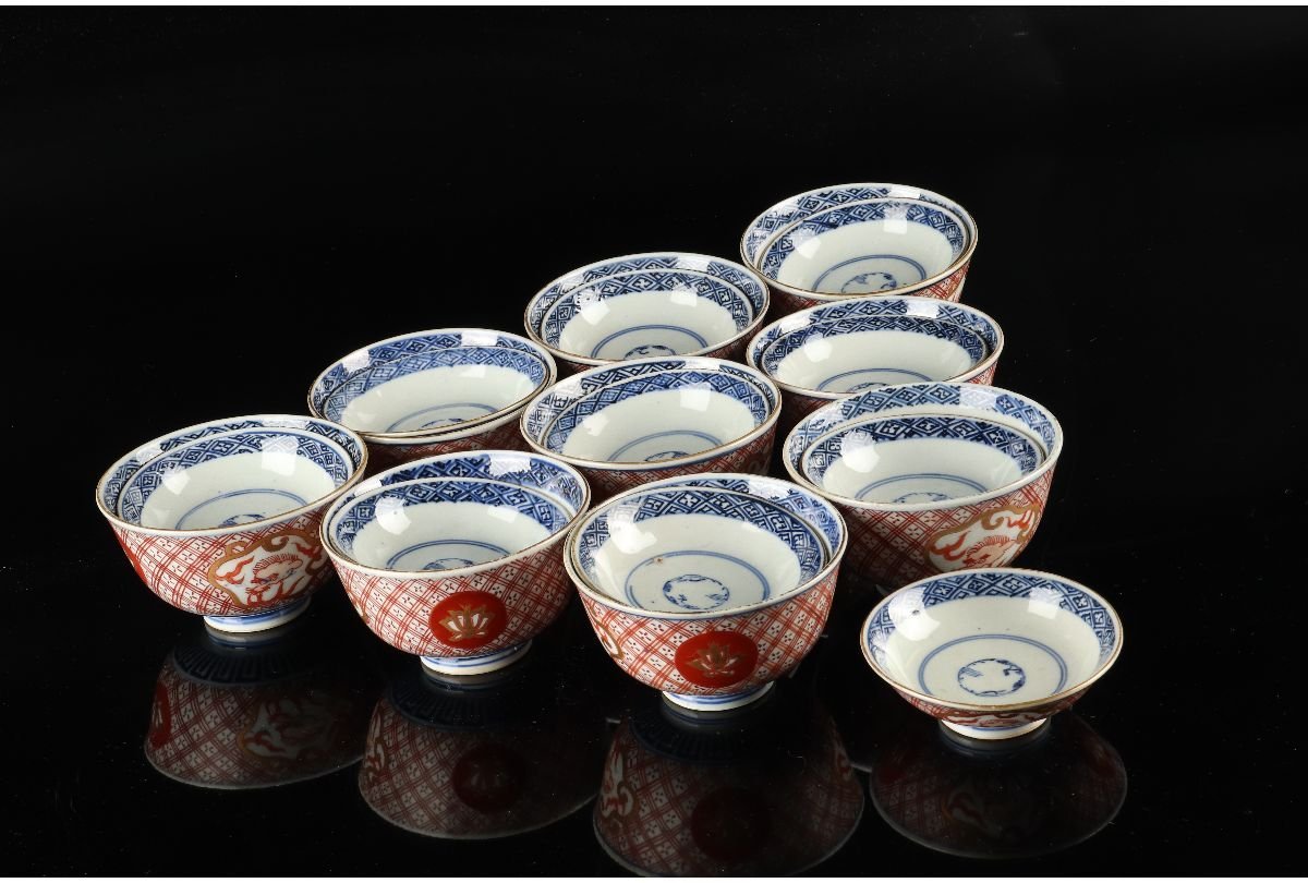 URA]伊万里焼/色絵花龍文蓋茶碗9客/13-2-35(検)骨董/伊万里焼/有田焼