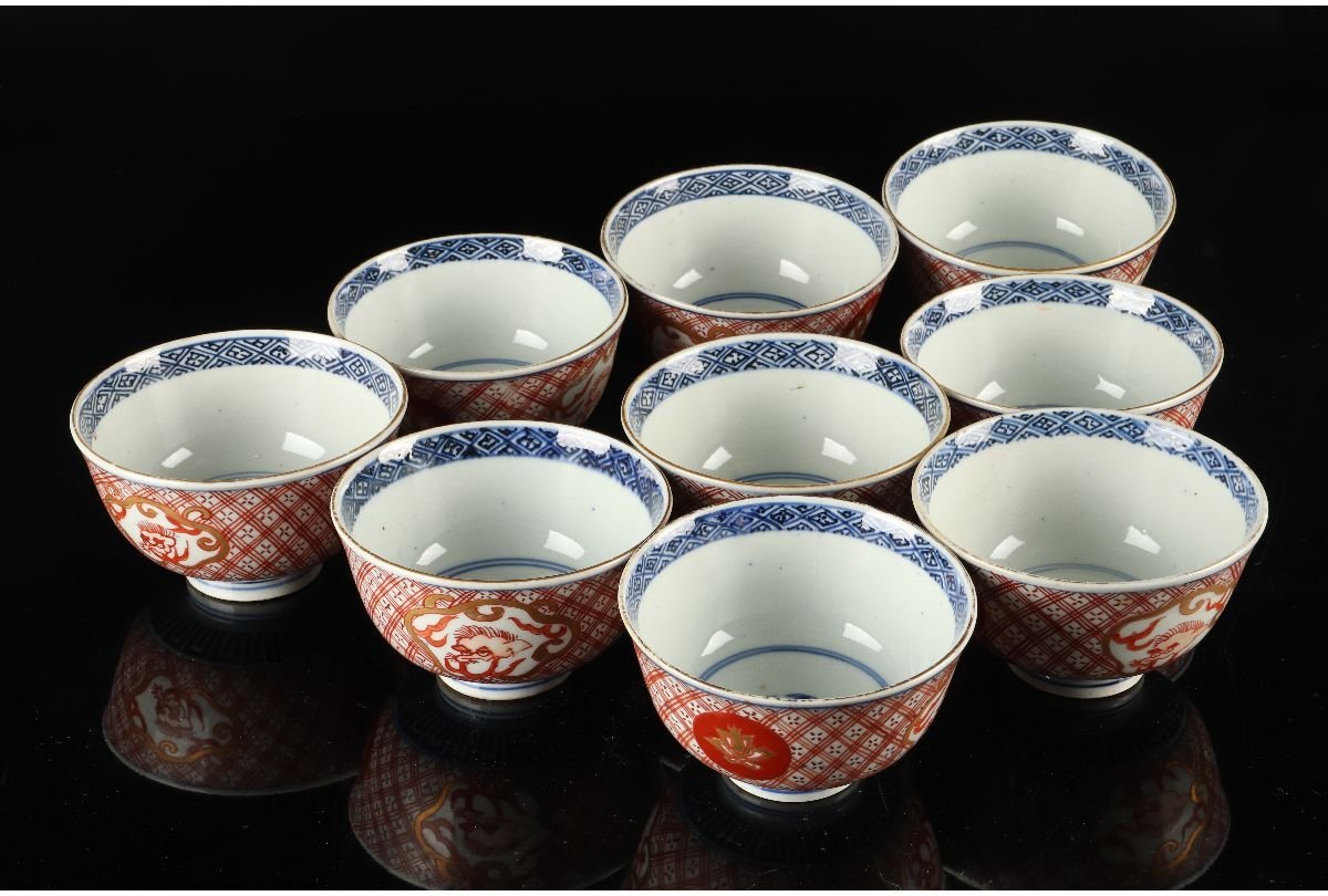 URA]伊万里焼/色絵花龍文蓋茶碗9客/13-2-35(検)骨董/伊万里焼/有田焼