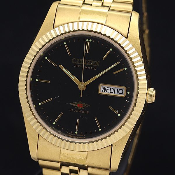1円 稼働 良品 シチズン AT/自動巻 8200-RO2092 クリスタルセブン 21石 黒文字盤 デイデイト ラウンド メンズ腕時計 XYZ 9085000▼