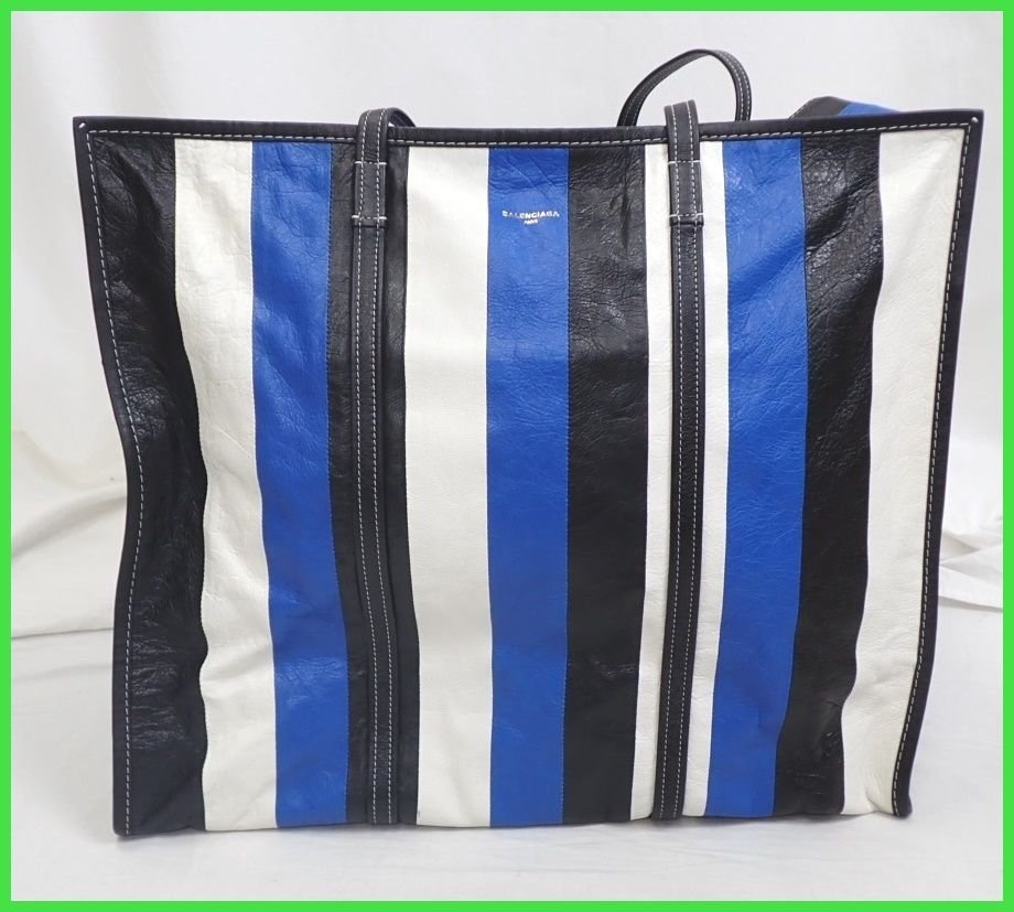 ★未使用 バレンシアガ バザール トートバッグ 443099/オフホワイト×ブラック×ブルー/レザー/A4対応/付属品あり/イタリア製&1780800154