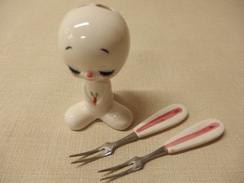 0230341w【内藤ルネ 陶器 うさぎ フォークスタンド】昭和レトロ/当時物 