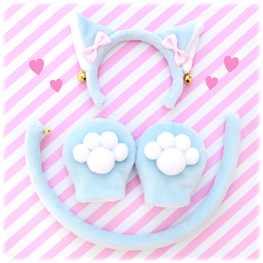 【青×ピンクリボン】【送料210円】猫変身セット☆猫耳カチューシャ・肉球ミトン・尻尾３点セット MDD DD kumako スマートドールサイズ 