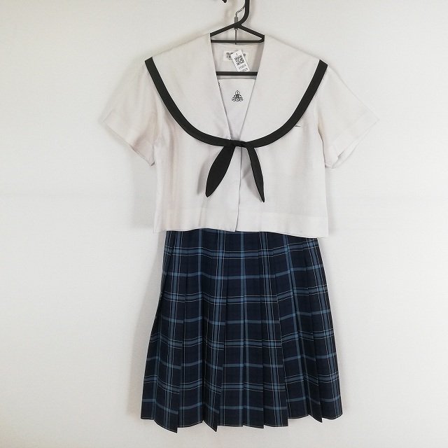 1円 セーラー服 チェックスカート 上下2点セット 夏物 黒1本線 女子