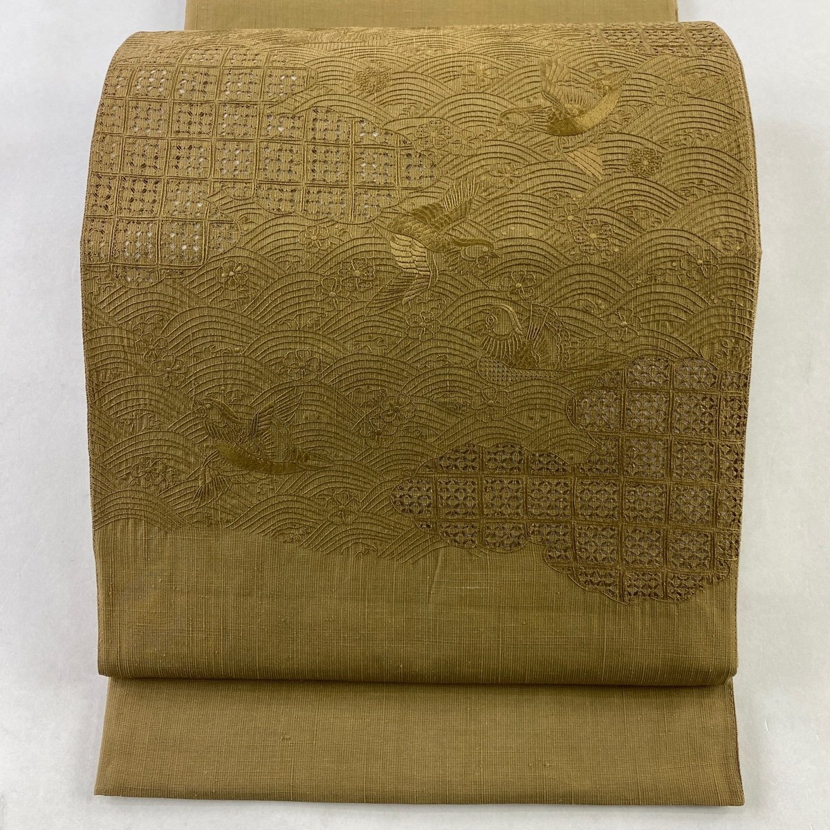 正絹 袋帯 相良刺繍 秀品 六通 刺繍 中古 中国三大刺繍 金糸 ≪