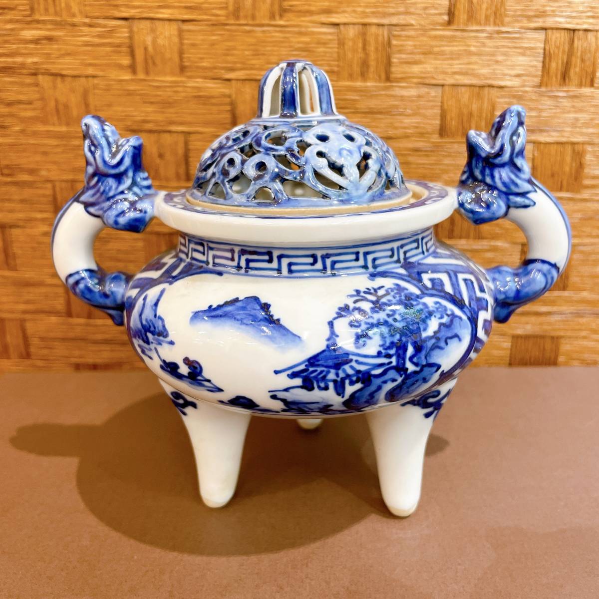 19566I【高橋道八】香炉 三つ足 染付 2点セット 九谷焼？ 陶器 焼き物 