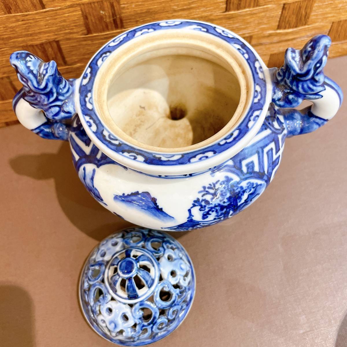 19566I【高橋道八】香炉 三つ足 染付 2点セット 九谷焼？ 陶器 焼き物 
