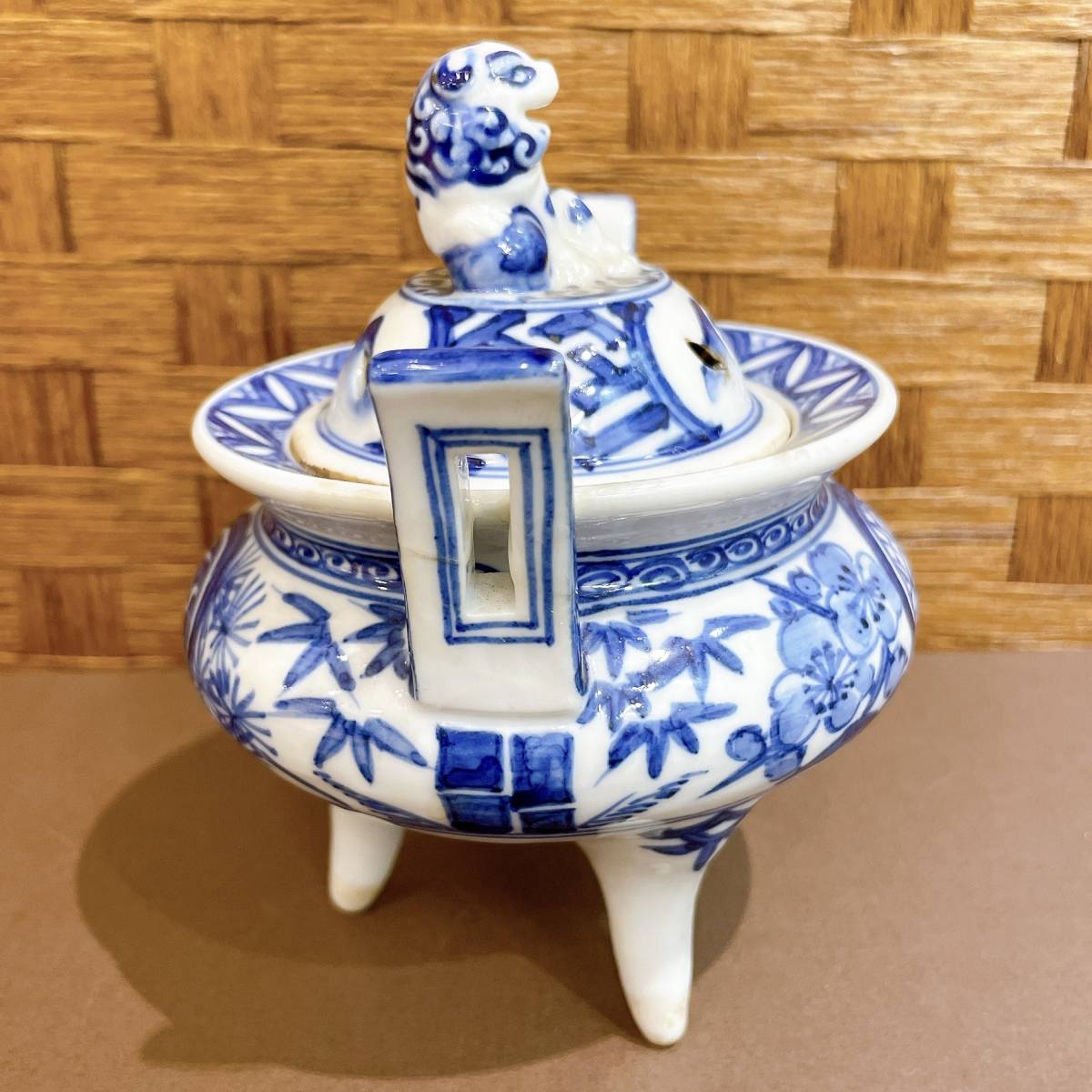 19566I【高橋道八】香炉 三つ足 染付 2点セット 九谷焼？ 陶器 焼き物 