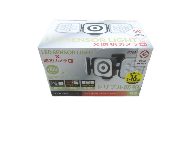 ムサシ RITEX LEDセンサーライト 防犯カメラ 8W×２灯 コンセント式 16GB 防雨タイプ C-AC8160 新品