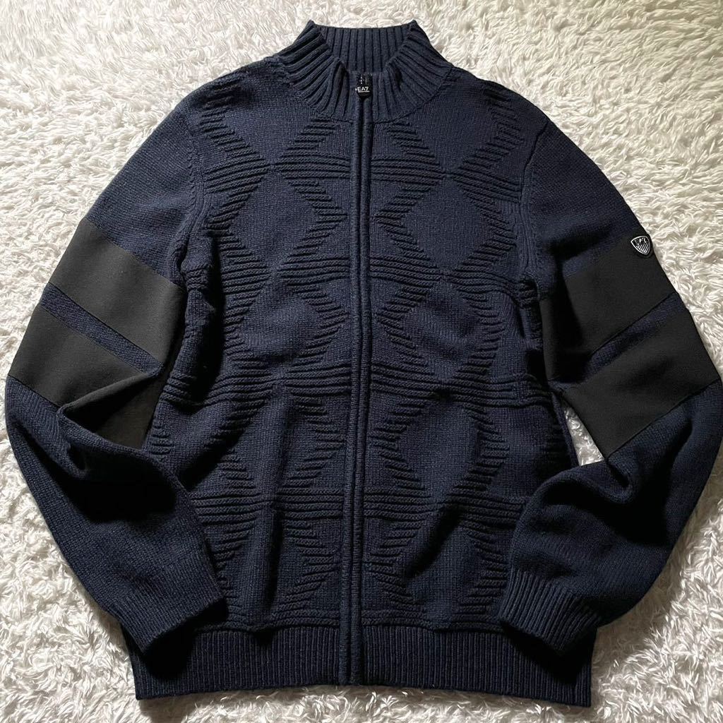 極美品/Lサイズ●エンポリオ アルマーニ ジップニット ジャケット ブルゾン セーター EMPORIO ARMANI アーガイル ライン ロゴ金具 ネイビー