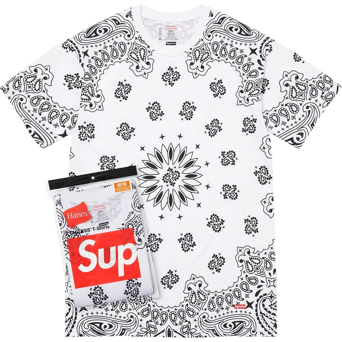 XLホワイトシュプリーム大阪店購入SUPREME Hanes Bandana Tagless Teesヘインズバンダナ柄BOX LOGOタグレスTシャツ1枚バラ売りWHITE 白