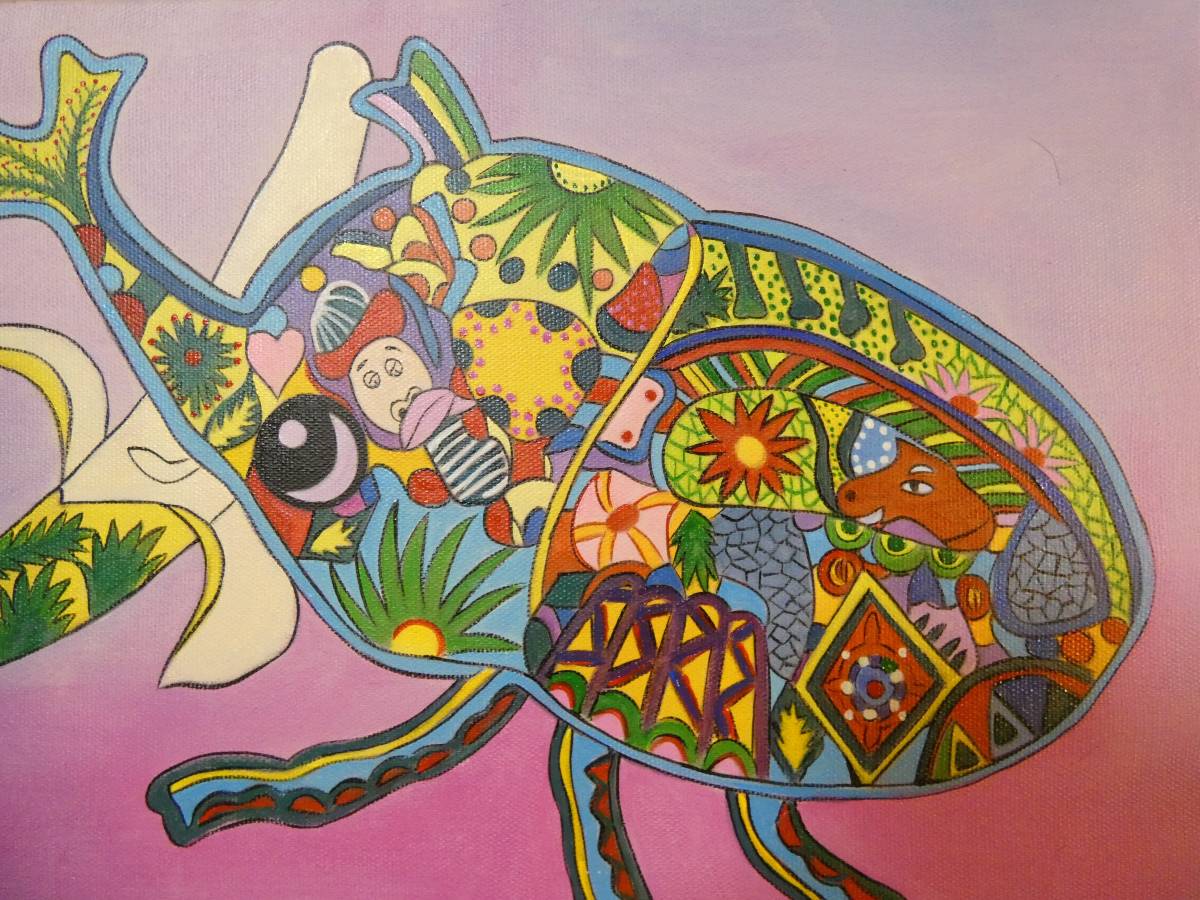 絵画 　ジミー大西「オウム」 サイン 額装済み　　 肉筆手描き　F6 油彩 肉筆 世界的活躍！人気実力作家！ジミー大西『 かぶとむし
