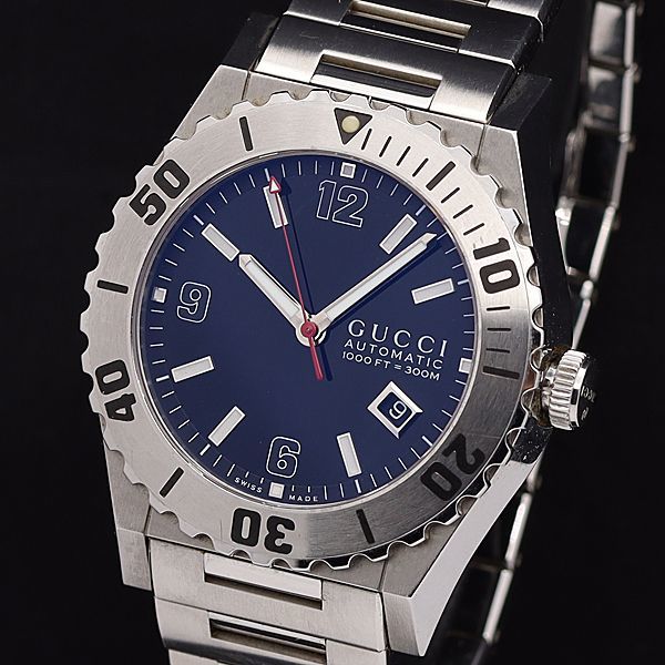 1円 稼働 良品 箱/コマ1付 グッチ AT/自動巻 115.2 パンテオン 黒文字盤 300M デイト ラウンド メンズ腕時計 7814400KYM