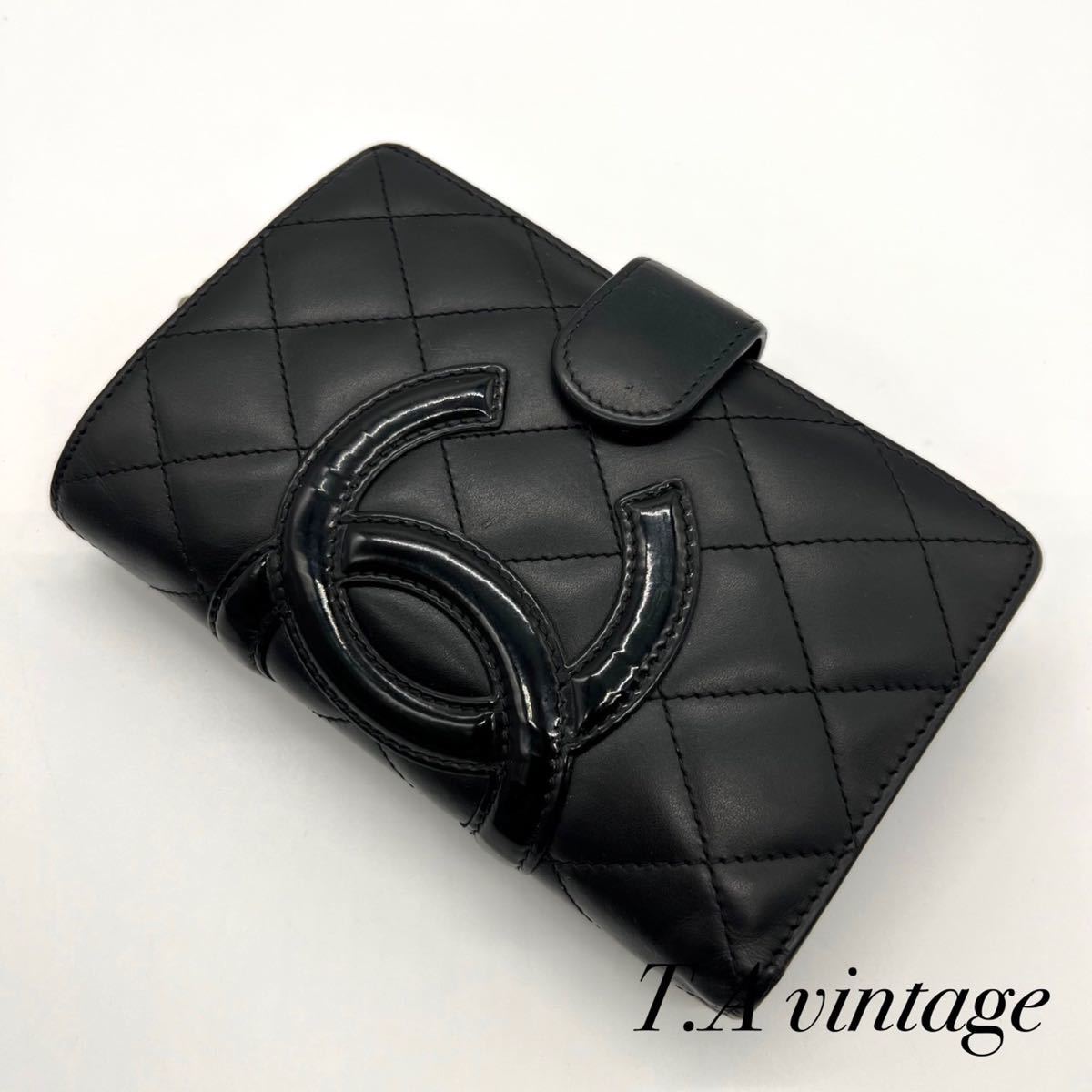 美品　シャネル　カンボンライン　ラムスキン　長財布　ブラック シャネル 長財布 カンボンライン 黒 ラムスキン CHANEL