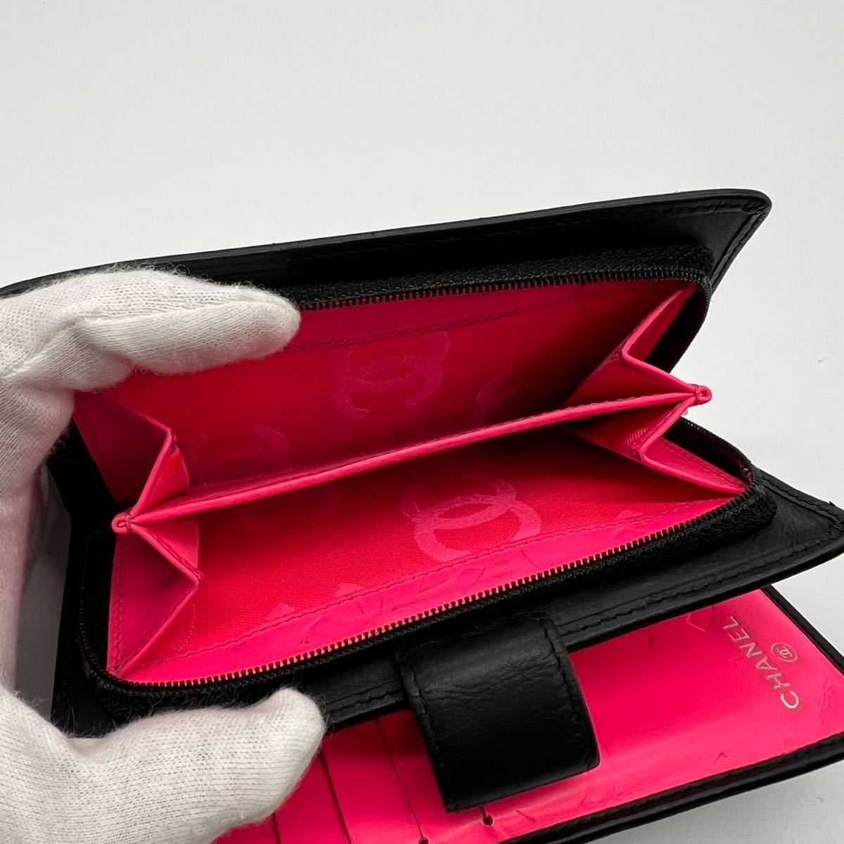 美品！シャネル カンボンライン ラムスキン 折り財布 ブラック