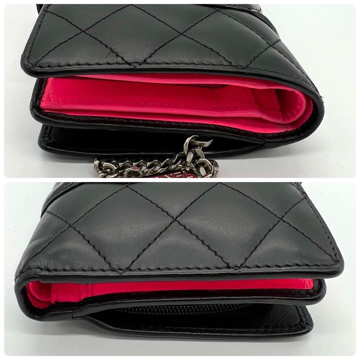 美品！シャネル カンボンライン ラムスキン 折り財布 ブラック