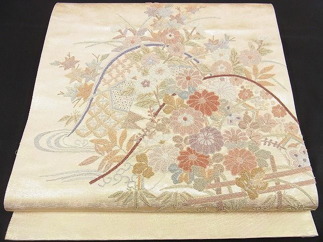 着物屋こころ□袋帯 中国三大刺繍 相良刺繍 流水花文 引箔 正絹 逸品 A 着物屋こころ□袋帯 中国三大刺繍 相良刺繍 流水花文 引箔 正絹 逸品 A