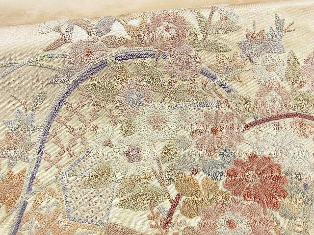 着物屋こころ□袋帯 中国三大刺繍 相良刺繍 流水花文 引箔 正絹 逸品 A