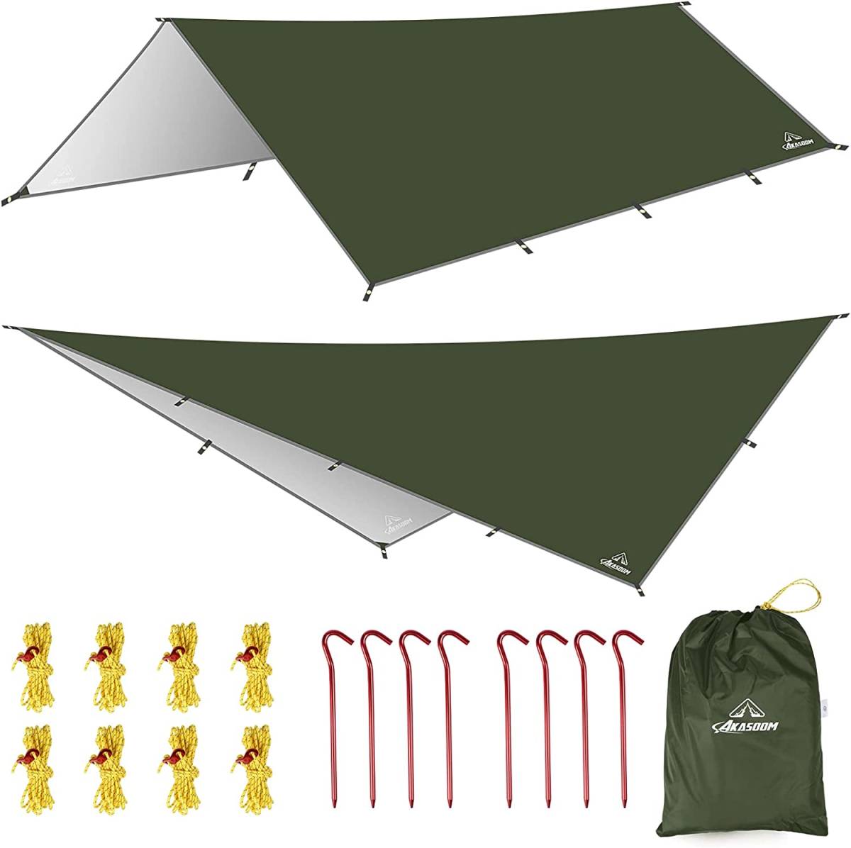AKASOOM 防水タープ キャンプ タープ テント 紫外線カット 耐水圧6000mm UV加工済 日除け 撥水加工 晴雨兼用 遮熱性 (グリーン・3mx4m)