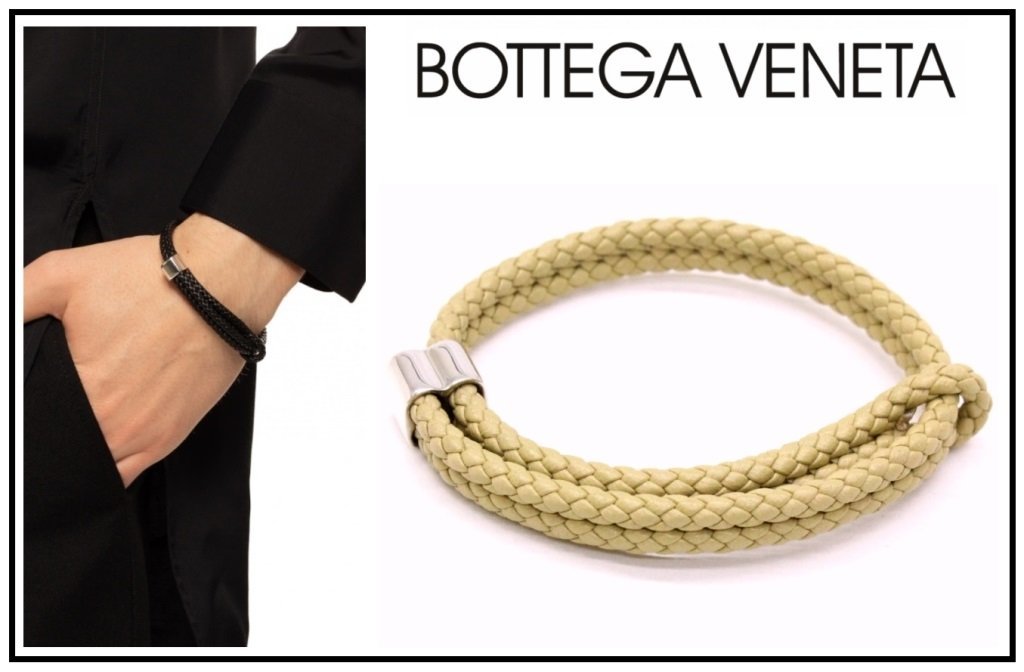 8万新品◆ボッテガヴェネタ◆ベージュイントレレザー×シルバー925ブレスレット1円