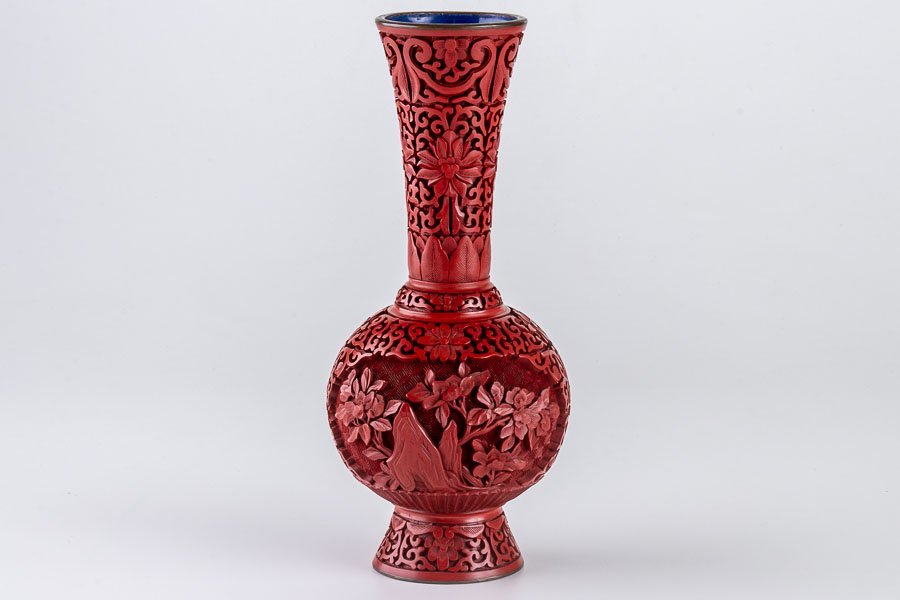 中国美術】『 堆朱 細密唐華文花入 高23.5cm 15368 』 骨董 古美術