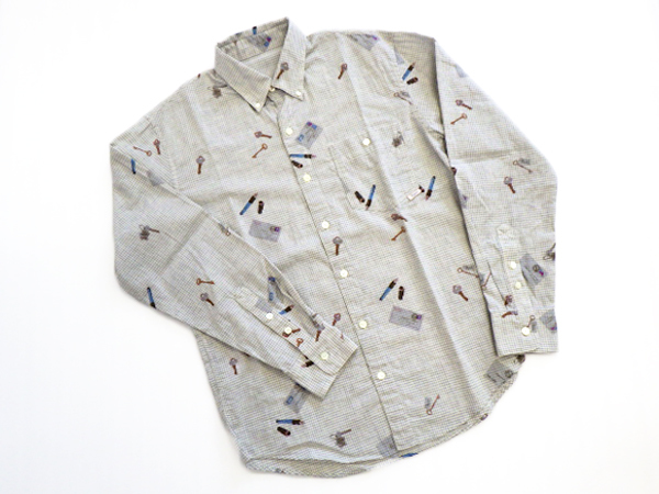 美品 PAPAS パパス 長袖 チェック柄 シャツ 総柄 万年筆 カギ ポストカード 手紙 鍵 BD ボタンダウン ＃46S グレー系 メンズ