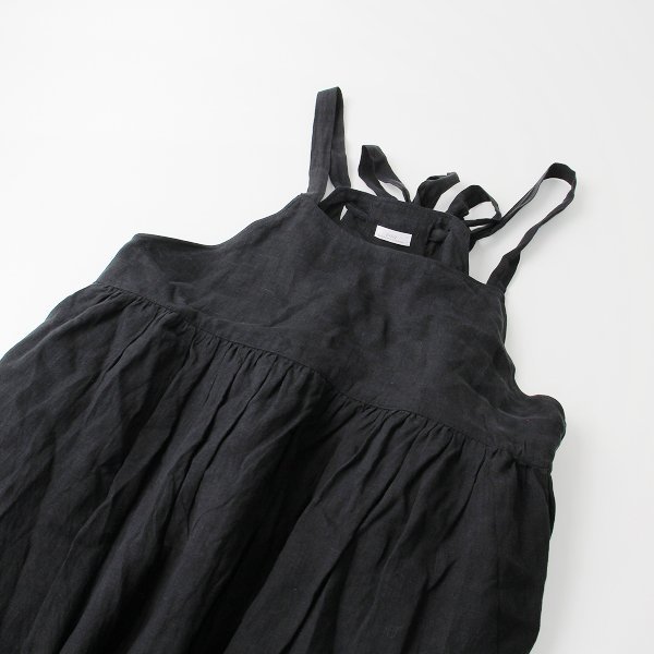 ina イナ リネンキャミソールワンピース 38/ブラック ギャザー フレア ノースリーブ【2400013291095】
