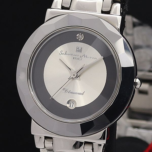 1円 稼働 良品 箱/保証書付 定価約￥241，500 サルバトーレマーラ QZ SM-8011 デイト 1Pダイヤ シルバー×黒文字盤 メンズ腕時計 0011000STU