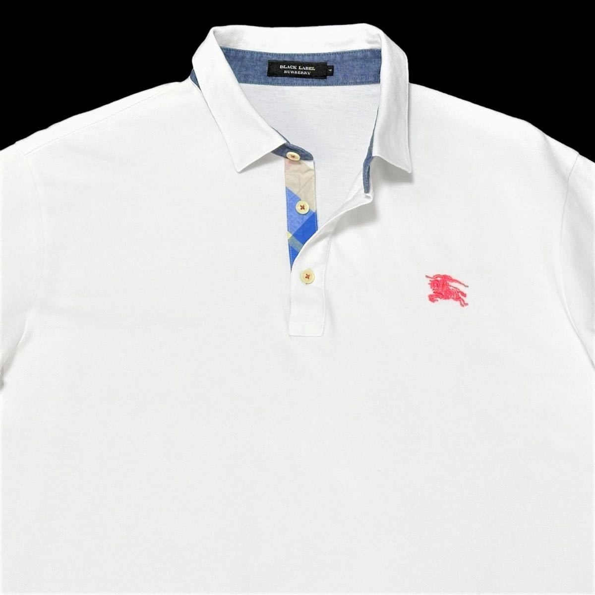 希少XL! 極美品 日本製 バーバリーブラックレーベル ホース刺繍 前立てチェック 裏デニム 鹿の子 ポロシャツ 4/LL 白 BURBERRY BLACK LABEL