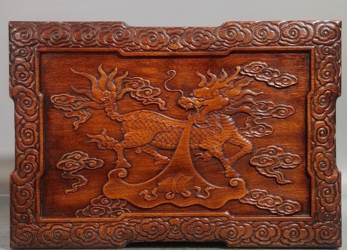 M◇明神◇極上珍品・中国・清時代・黄花梨木彫・麒麟紋盒・手彫り
