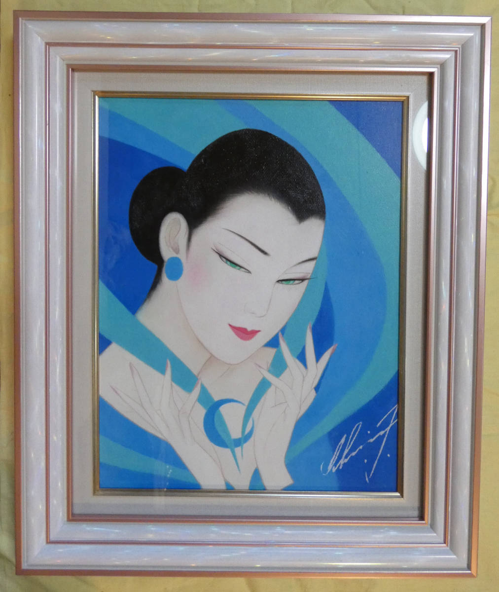 F6 絵画 油彩 / 人物画 ○ 鶴田一郎 【美人像】 正面サイン、裏サイン