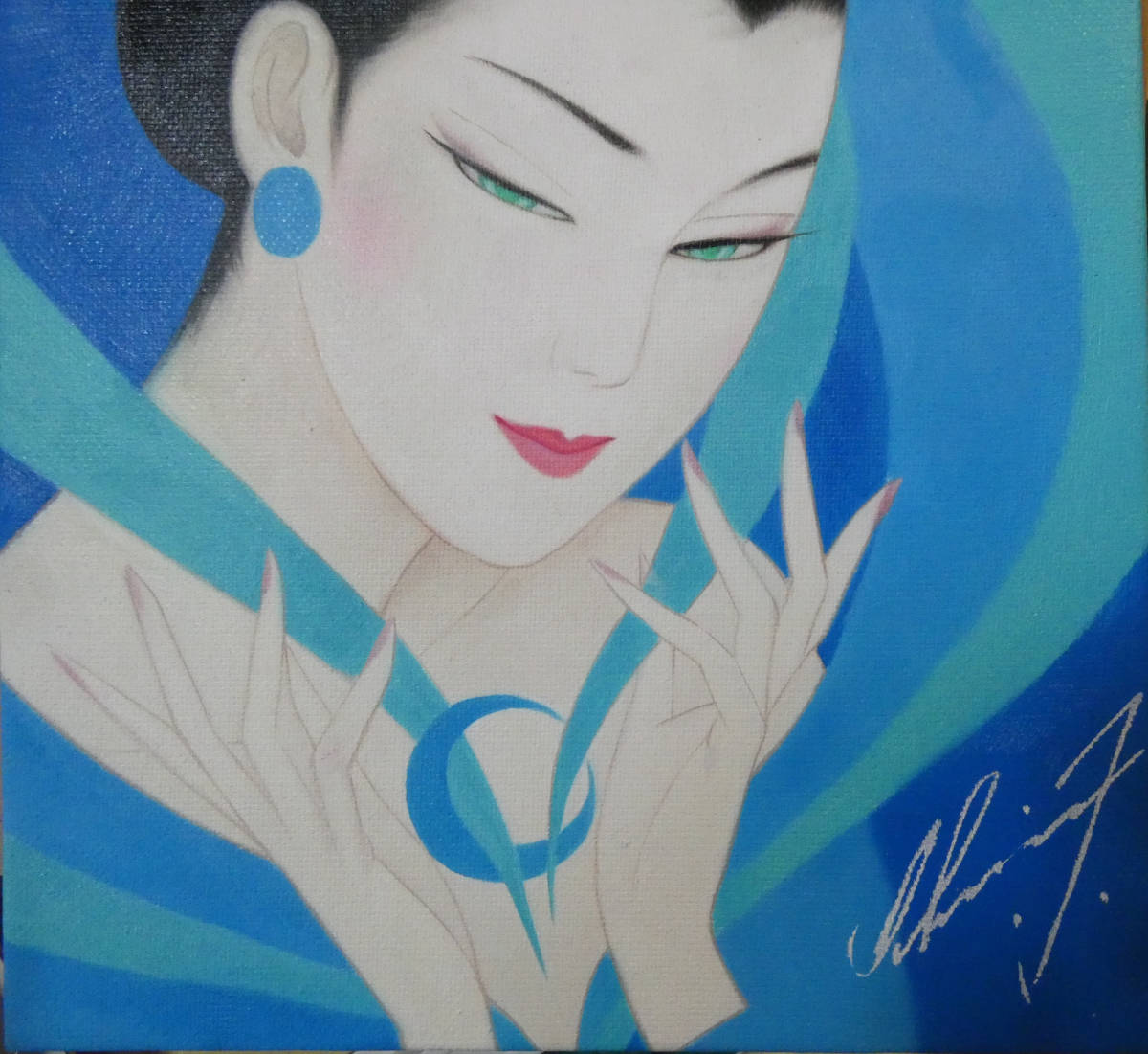 F6 絵画 油彩 / 人物画 ○ 鶴田一郎 【美人像】 正面サイン、裏サイン