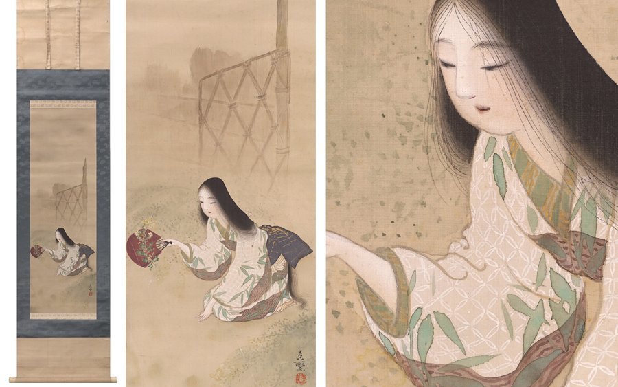 ∇花∇明治～大正の日本画家【根津香畝】真筆 儚く美しい秀作 絹本着色雨中秋草美人之図 師は荒木寛畝・黒田清輝 ◇9