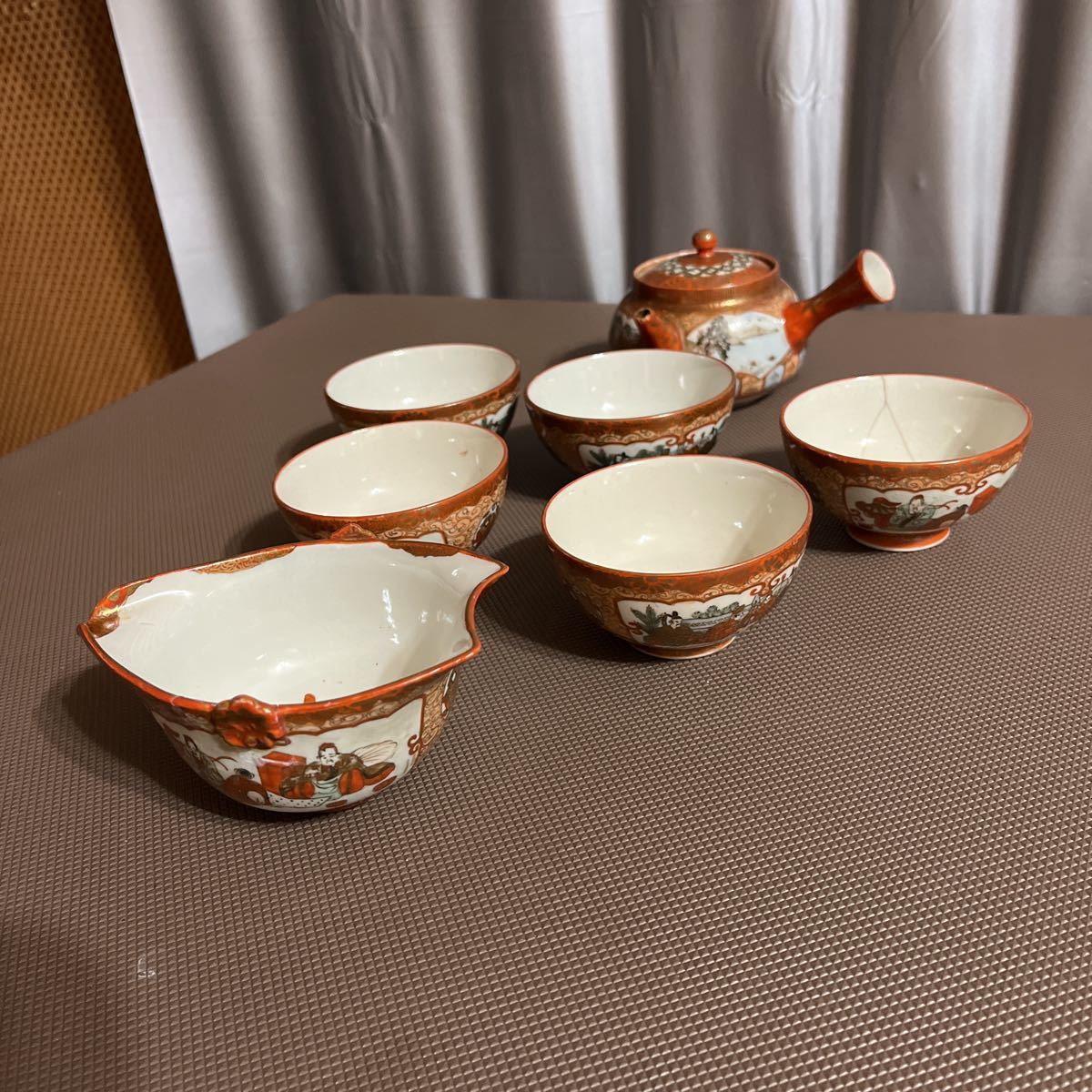 九谷造 九谷焼 茶器セット 金彩 人物 赤絵 骨董品 明治時代 茶道具
