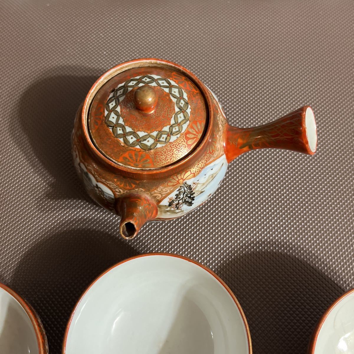 九谷造 九谷焼 茶器セット 金彩 人物 赤絵 骨董品 明治時代 茶道具