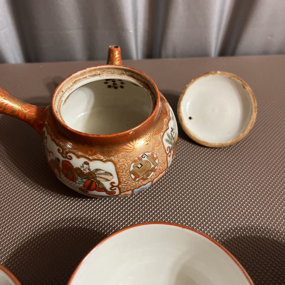 九谷造 九谷焼 茶器セット 金彩 人物 赤絵 骨董品 明治時代 茶道具