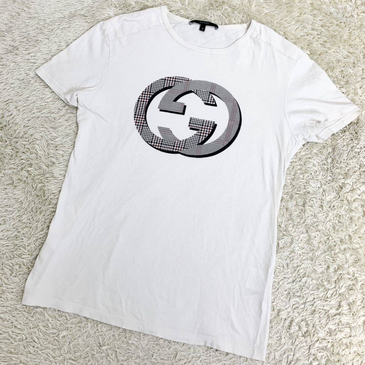 グッチ【大人気デザイン】GUCCI Tシャツ 半袖 カットソー インターロッキング ビックロゴ 千鳥柄 ホワイト メンズ サイズS