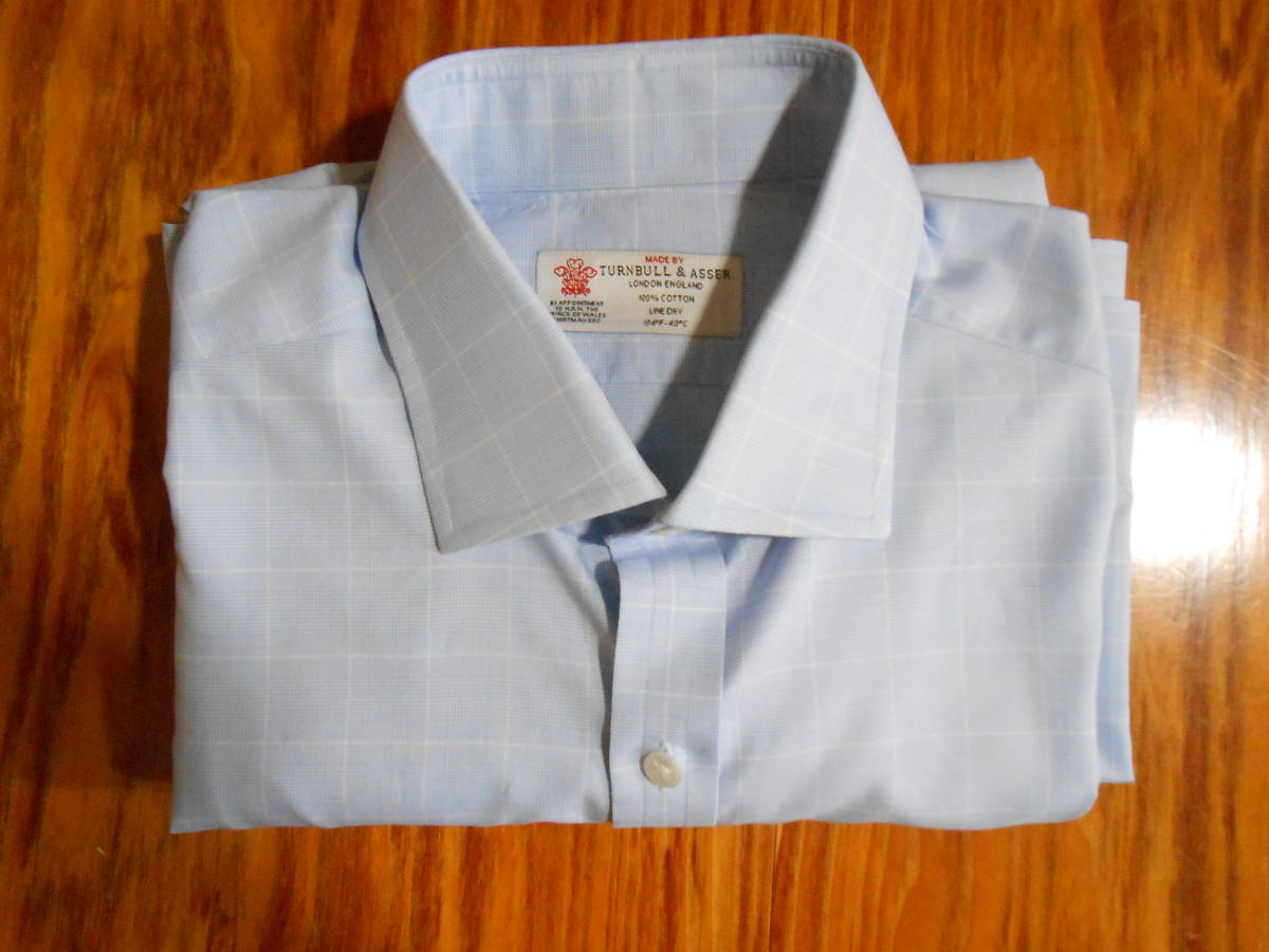 美品 英国高級老舗店 Turnbull & Asser ビスポーク（2014仕立） 美しいグレンチェック柄のドレスシャツ　スリム目のUK 16相当
