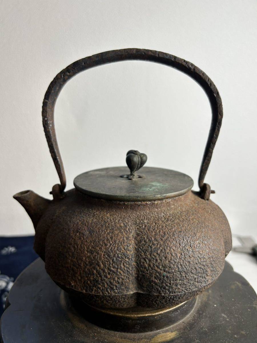 鉄瓶 龍文堂 銅蓋在銘 彫り持ち手 南瓜形 煎茶道具 茶道具 釜師 約 
