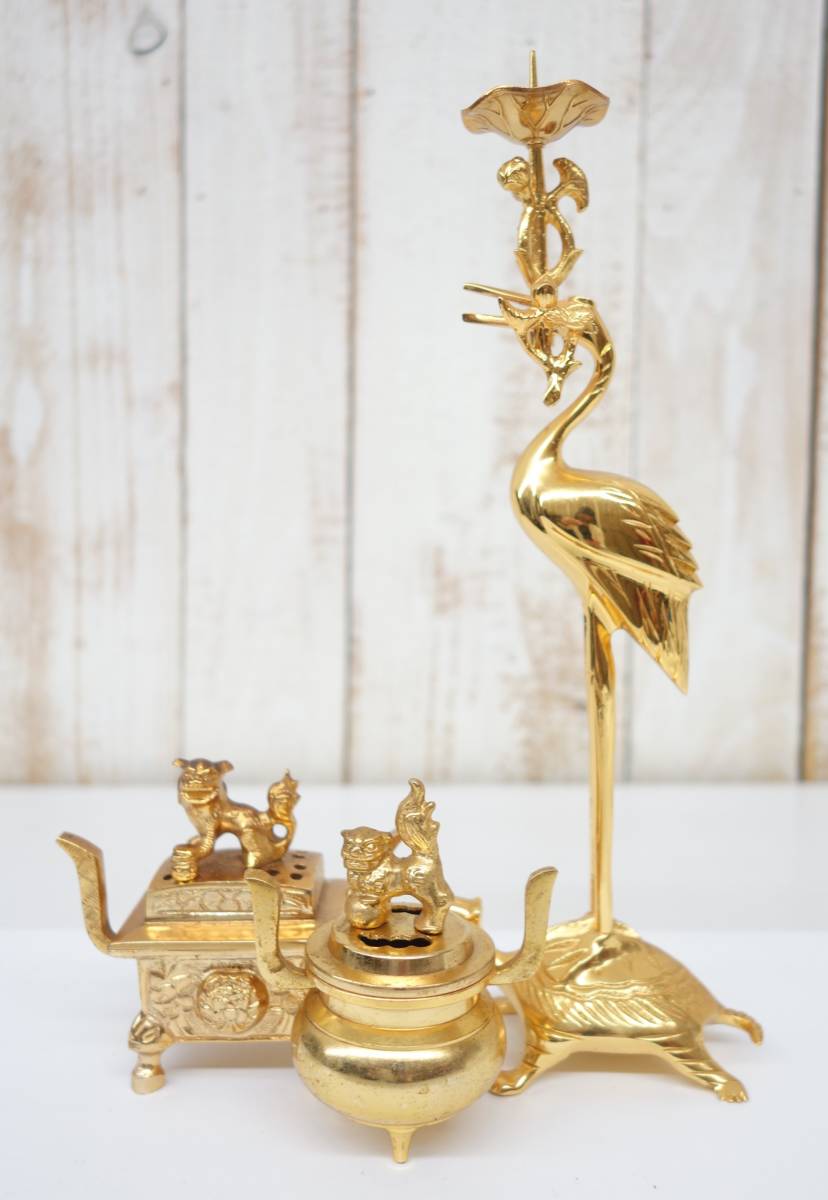 香炉 真鍮 ⁄ ｜5227 燭台2個 □仏具仏像仏教美術 燭台高さ約20cm 0