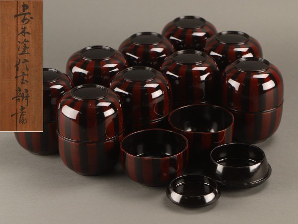 【流】木製漆器 寄木塗信玄弁当十客 共箱 KO129