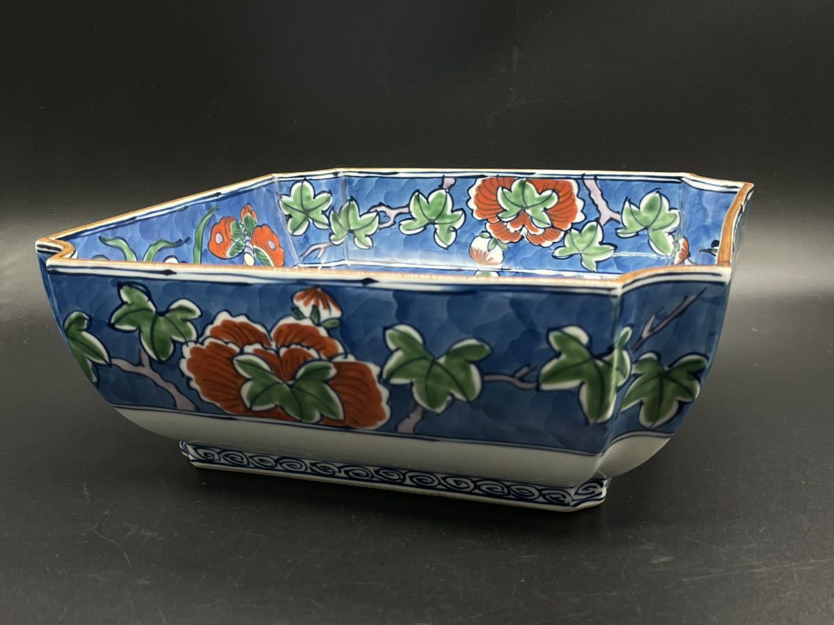 2859】有田焼 源右衛門窯 染錦古代花鳥 角鉢 約19.3×7cm 館林源右衛門 