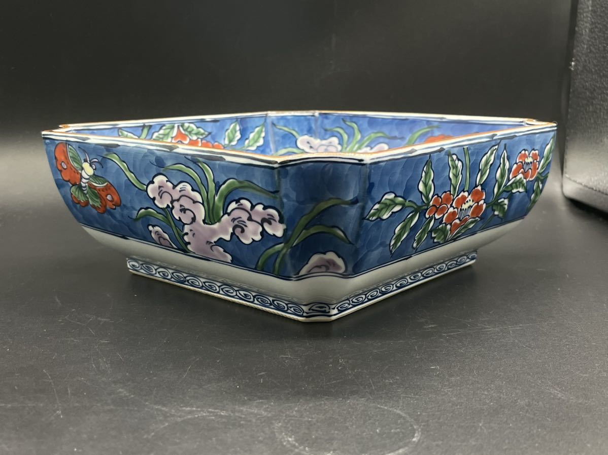 2859】有田焼 源右衛門窯 染錦古代花鳥 角鉢 約19.3×7cm 館林源右衛門 