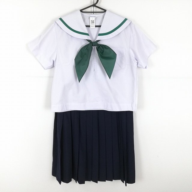 1円 セーラー服 スカート スカーフ 上下3点セット 175A 大きいサイズ 夏物 緑1本線 女子 学生服 中学 高校 白 制服 中古 ランクC NA0726