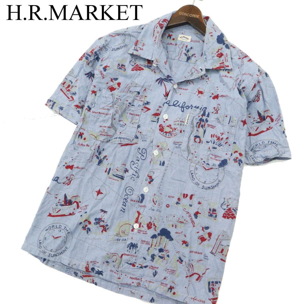 H.R.MARKET ハリウッドランチマーケット 春夏 総柄★ 半袖 シャンブレー ワーク シャツ Sz.3　メンズ 日本製　A3T05239_5#A