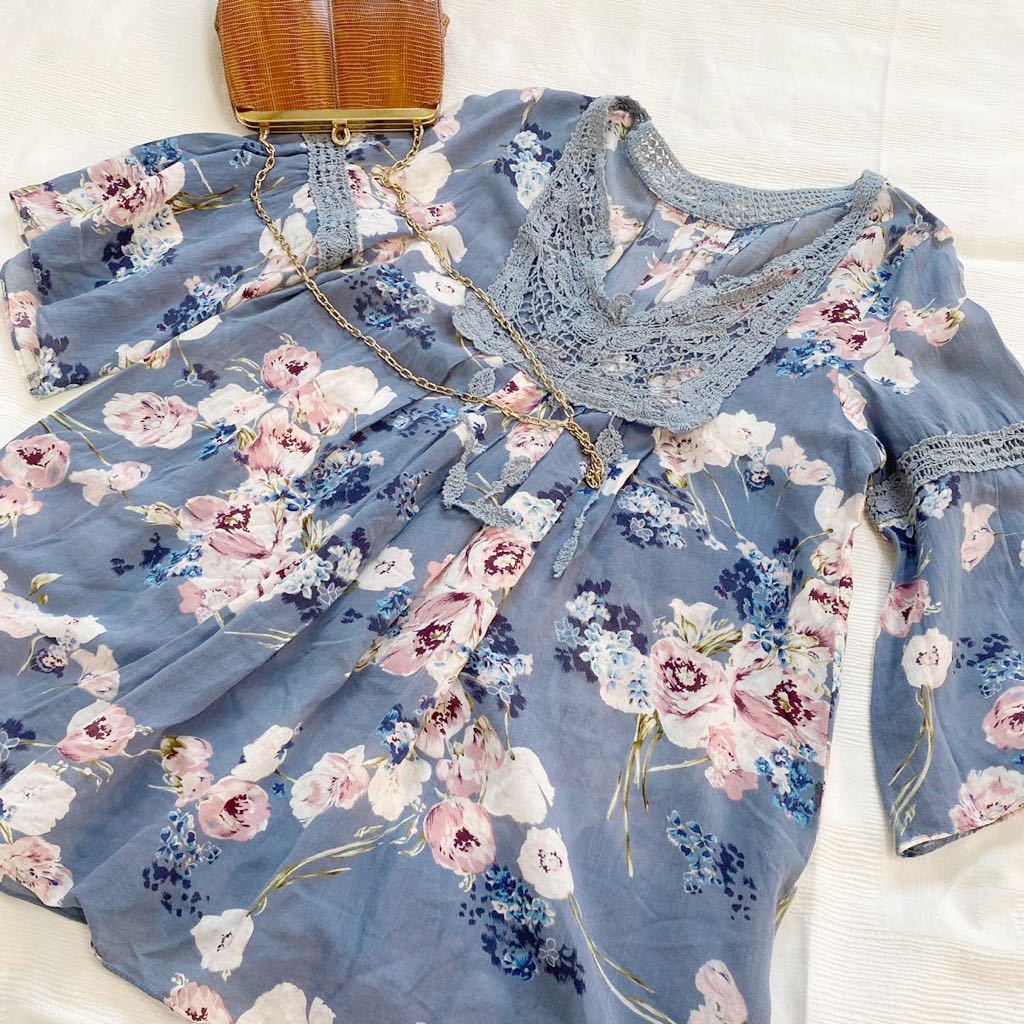 インゲボルグ INGEBORG◆ブルーグレイ 花柄 チュニックワンピース サイズ9 ピンクハウス a23051603