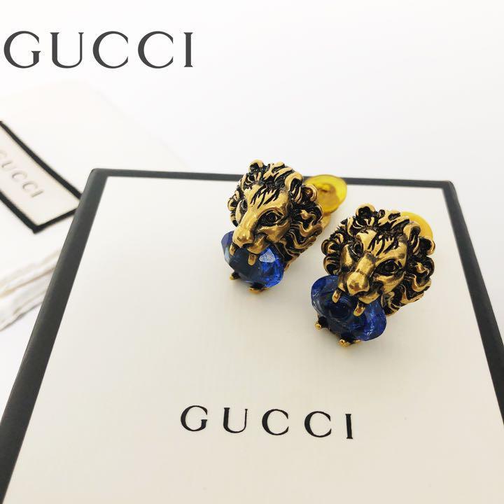 1円スタート GUCCI グッチ ライオン イヤリング クリスタル ゴールド 