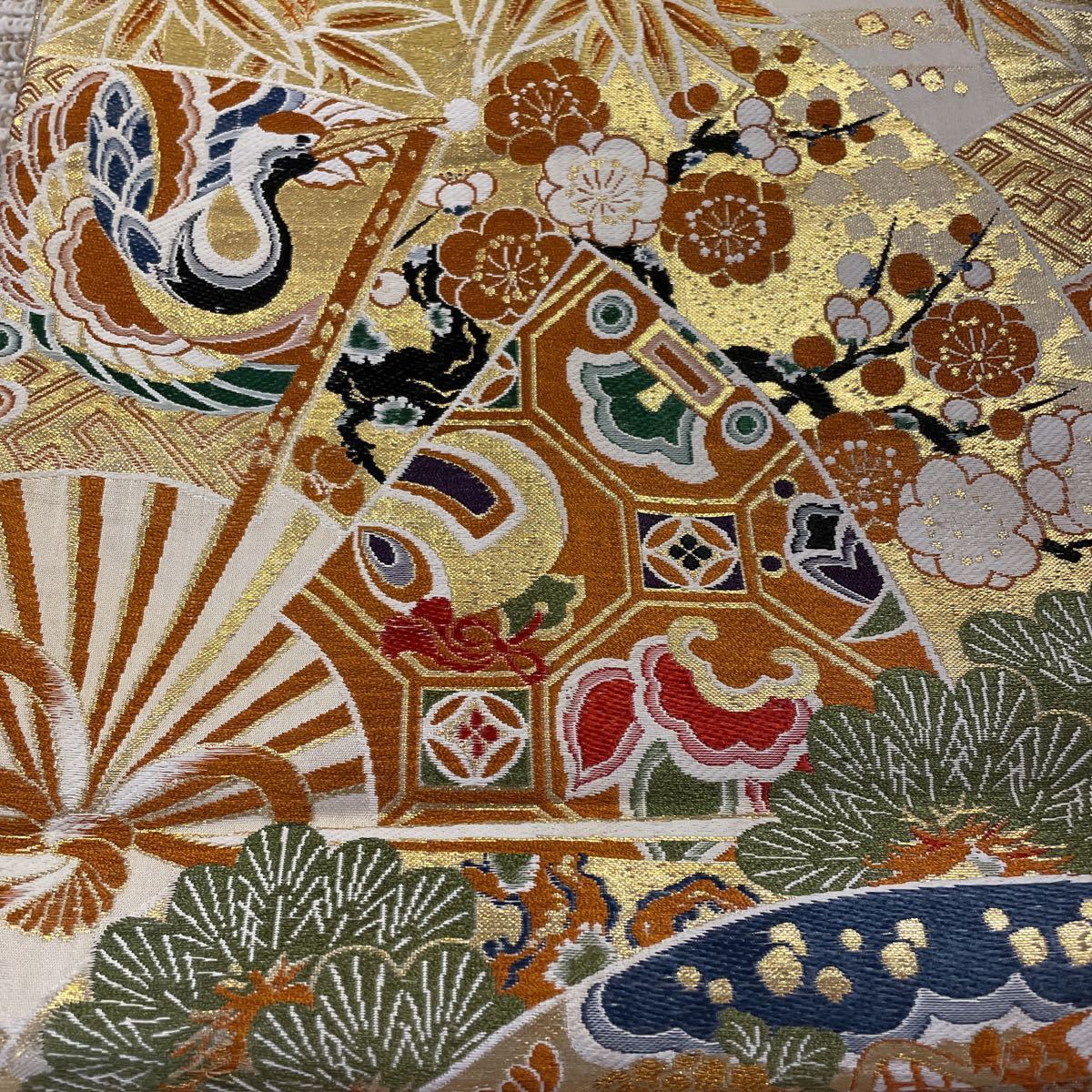 アンティーク正絹丸帯 松竹梅 鶴 扇 笹 呉服屋商品 着物 着付け 和裁 七緒 リメイク(丸帯)|売買されたオークション情報、yahooの商品 ...
