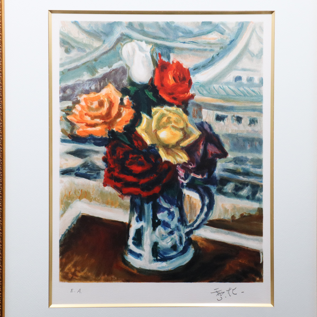 宙】真作保証 小山敬三 薔薇 静物画 リトグラフ E.A.版 額装 姫路城 