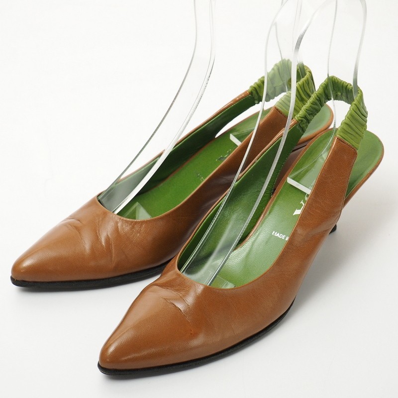 GN3655*イタリア製《PRADA プラダ》レザー ポインテッドトゥミュール*サンダル*36.5(23cm相当)*バイカラー*ブラウン×グリーン