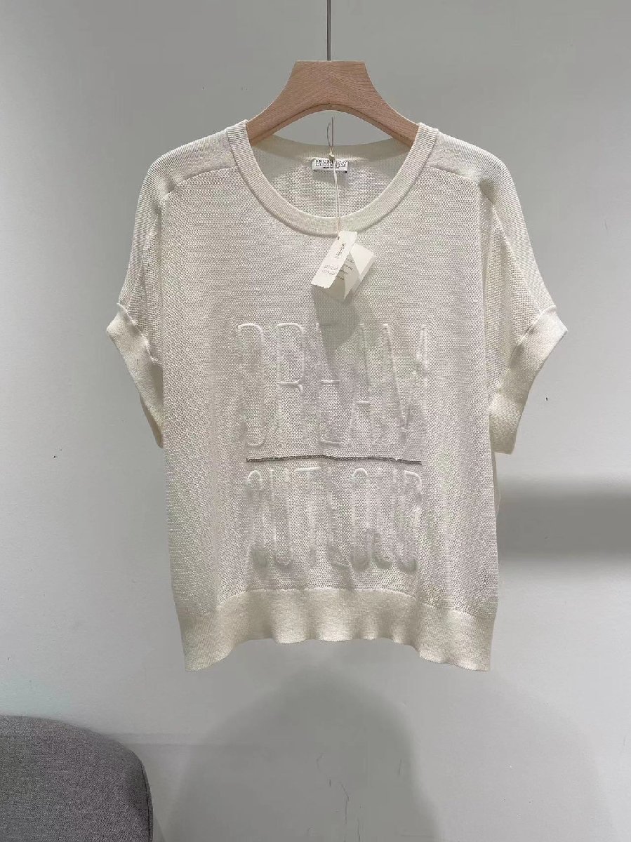 Brunello Cucinelli　ブルネロクチネリ　T-シャツ　丸首　シルク　文字ロゴ　半袖　レディース　女性　カジュアル　ホワイト　0980-Ｓ